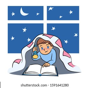 Boy reading under blanket