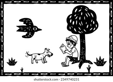 Boy reading under the tree. Woodcut style and cordel literature.