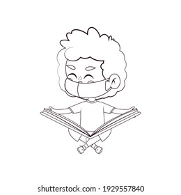 Boy reading wearing a face mask. Back to school - Vector illustration
