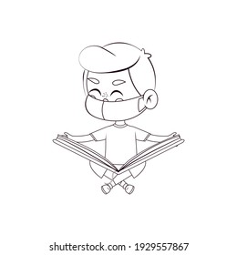 Boy reading wearing a face mask. Back to school - Vector illustration