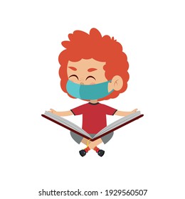Boy reading wearing a face mask. Back to school - Vector illustration