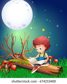 Boy reading in the woods at night