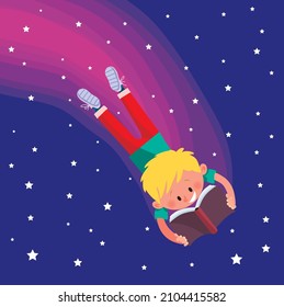 boy reads a book and floats through space