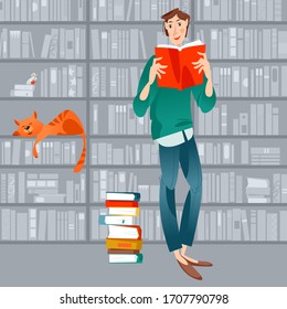 Boy reads book in library. Literacy Day. Vector illustration