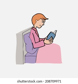 Boy reads book on bed cartoon