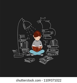the boy reads the book. vector illustration with linear elements