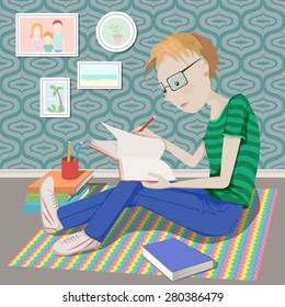 A boy reads a book, vector illustration eps 10