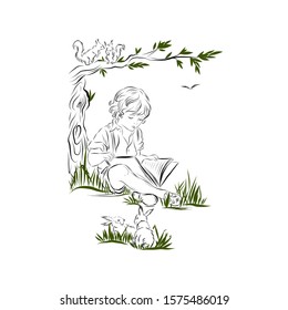 Boy reads a book while sitting under a tree on the ground in a park. Squirrels  sitting on a branch, and two hares standing next to a clearing. Coloring page. 