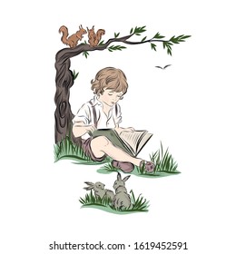 Boy reads book while sitting under tree on the ground in park. Squirrels  sitting on branch and two hares standing next to clearing. 