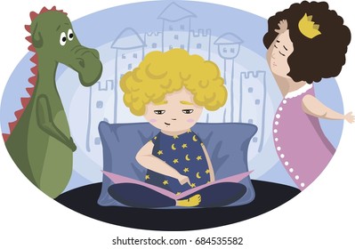 Boy reads the fairy tale about dragon and princess, vector illustration.