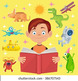 Boy Reads Fairy Tale Book. Vector Flat Cartoon Illustration