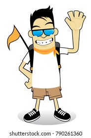 boy ready for adventure with flag