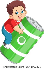 A boy ready drink from a big soda can of illustration