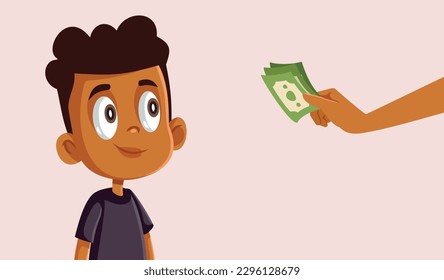 
Boy Receiving Allowance Money for a Parent Vector Cartoon. Kid receiving monetary reward for doing chores or homework 
