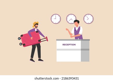 Boy receptionist help man traveler checking in hotel. Hotel activity concept. Colored flat graphic vector illustration isolated.