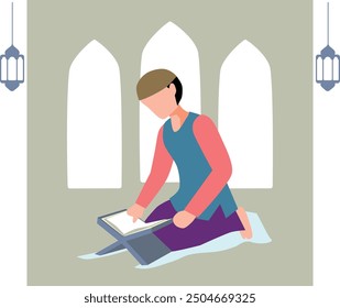 The boy is reciting the Quran.