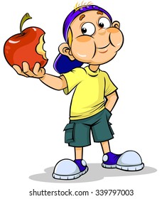 Boy with red apple. Color vector illustration of a cartoon boy with big red apple.