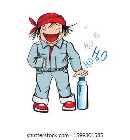 A boy in a red bandana and a denim suit with a bottle of water on a white background. Vector illustration.
