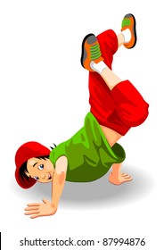 boy in a red cap, green shirt and red shorts dancing break on a white background