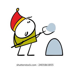 Niño de gorra roja pala la nieve, limpia el camino a la casa. Ilustración vectorial de un elfo de invierno preparándose para Navidad y año nuevo. Caricatura aislada, pinchazo con figura sobre fondo blanco.