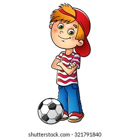 Boy in a red cap and striped t-shirt  with a soccer ball isolated on white