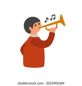 Boy in red clothes playing beautiful music on the trumpet. Vector illustration isolated on white background.