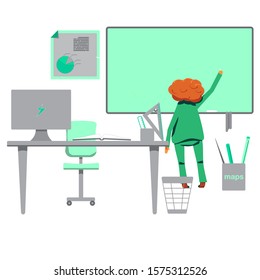 Boy with red curly hair writes on chalkboard in classroom. Education concept. Answering a lesson at primary school. Teachers desk and computer. Isolated on white vector illustration. Gray, mint color