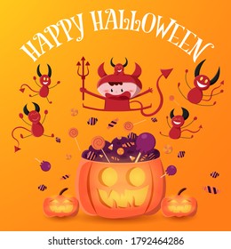 Boy in red devil costume hold trident and jump on the pumpkin with pile of candy. Halloween vector illustration.