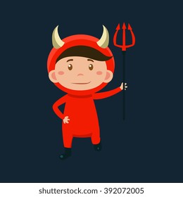 Boy In Red Devil Haloween Disguise Funny Flat Vector Illustration On Dark Background