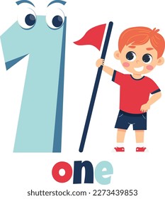 Ein Junge mit roter Flagge und Nummer eins