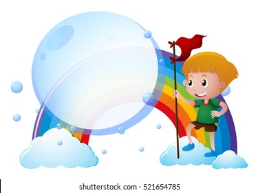 Boy with red flag on the rainbow illustration