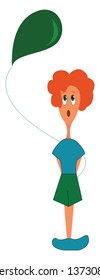 A boy with red hair blue shirt green shorts and blue shoes looking up at a green balloon that he is holding with his hands behind him vector color drawing or illustration 