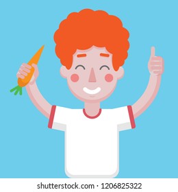 a boy with red hair and a carrot in his hand