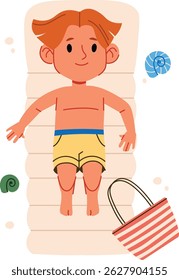 A boy with red hair lies on a beach mat with a striped bag nearby in a playful cartoon style. A child is lounging on a float with seashells around in a fun, animated look. Cartoon vector illustration.