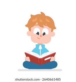 Boy with Red Hair Reading Book Cross-Legged on White Background