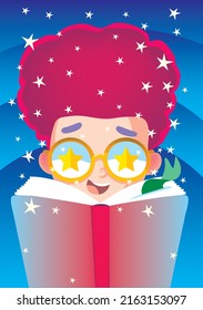 boy with red hair and stars on glasses reads a book