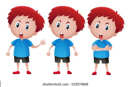 Boy with red hair in three actions illustration