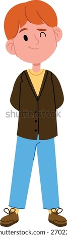 A boy with red hair winks while standing in casual clothing, drawn in a flat style. The character wears a jacket and jeans, exuding a friendly demeanor. Cartoon vector illustration.