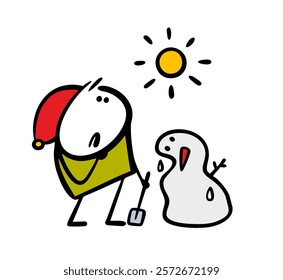 Boy in the red hat looks at the snowman in frustration. Vector illustration of the sun shining brightly, hot and snow melting. Spring child is suffering. Doodle character isolated on white background.