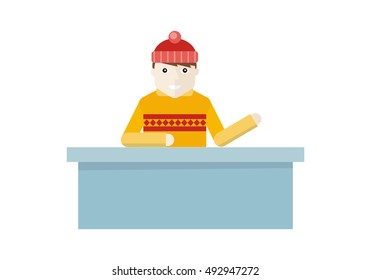 Boy in red hat and sweater near reception at the skating rink. Boy buying tickets to the winter sport recreational activity, Outdoors winter season kinds of sport. Vector illustration in flat style