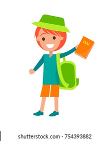 Boy with red medium length hair wearing green hat and backpack holding orange hard back book in his left hand isolated vector illustration on white