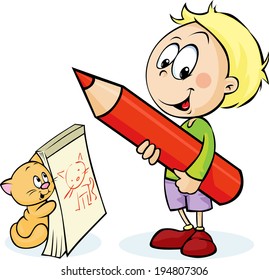 niño con dibujo de lápiz rojo gato - ilustración vectorial
