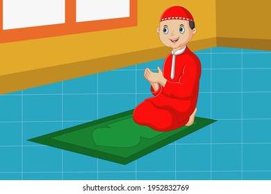 The boy in red is praying on the carpet. Vector illustration