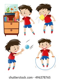 Junge in rotem Hemd, die verschiedene Aktivitäten Illustration