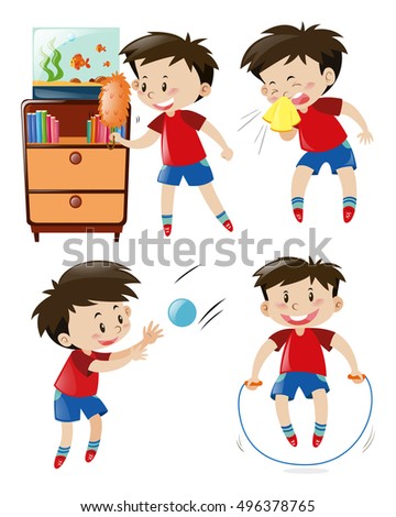 Boy in red shirt doing different activities illustration