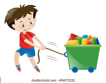 Niño de camisa roja tirando ilustración de juguetes