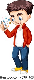 Junge in rotem Hemd mit Smartphone-Cartoon-Charakter einzeln auf weißem Hintergrund-Illustration