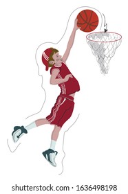 A boy in red shorts and a T-shirt and cap throws a basketball into the basketball hoop. Vector illustration