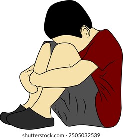 The boy in red sits alone, looking gloomy and lonely. His body position depicts feelings of sadness and isolation.