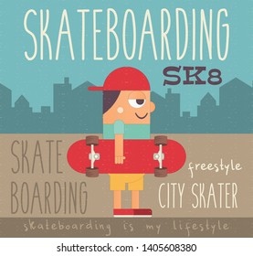 Boy with Red Skateboard on Town Background. Young Cartoon Skater. Poster Template. I Love Skateboarding Concept. Vector Illustration.